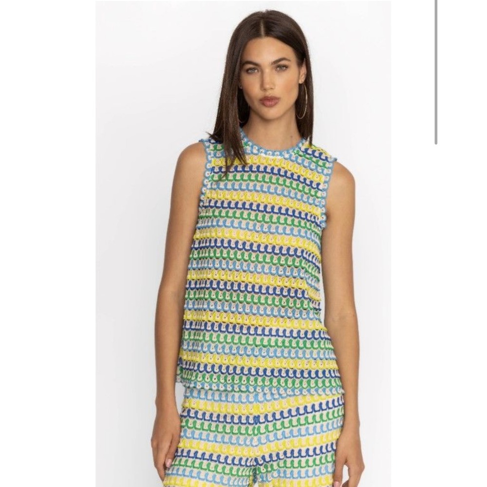 Johnny Was Jade Nili Crochet Knit Tank Top  Blue Green Yellow Size Medium Stripe